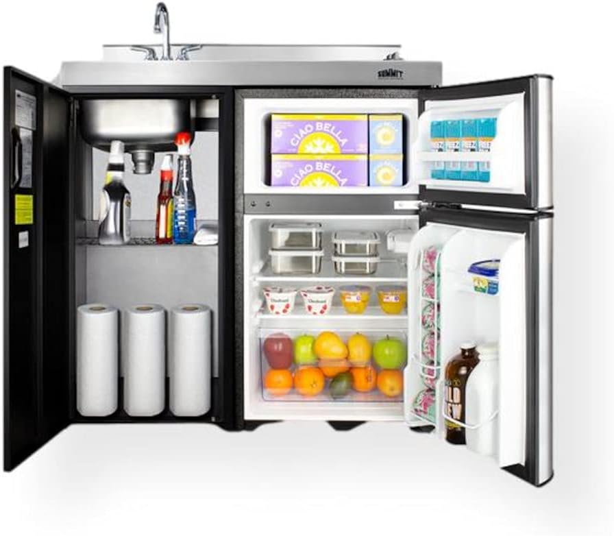 Summit Appliance CK36EL Wide All-in-One Kitchenette; 3.2 cu.ft; Cycle Defrost; Includes a 2-Door Refrigerator-Freezer; 2-Burner Coil Cooktop; Sink and Large Storage Cabinet