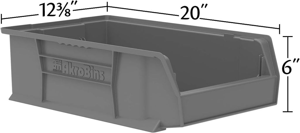 Akro-Mils 30280 Super-Size AkroBins Plastic Storage Bins, Space-Saving Stackable Bins for Garage, Classroom, Warehouse Organization, 20' L x 12' W x 6' H, Grey, 4-Pack