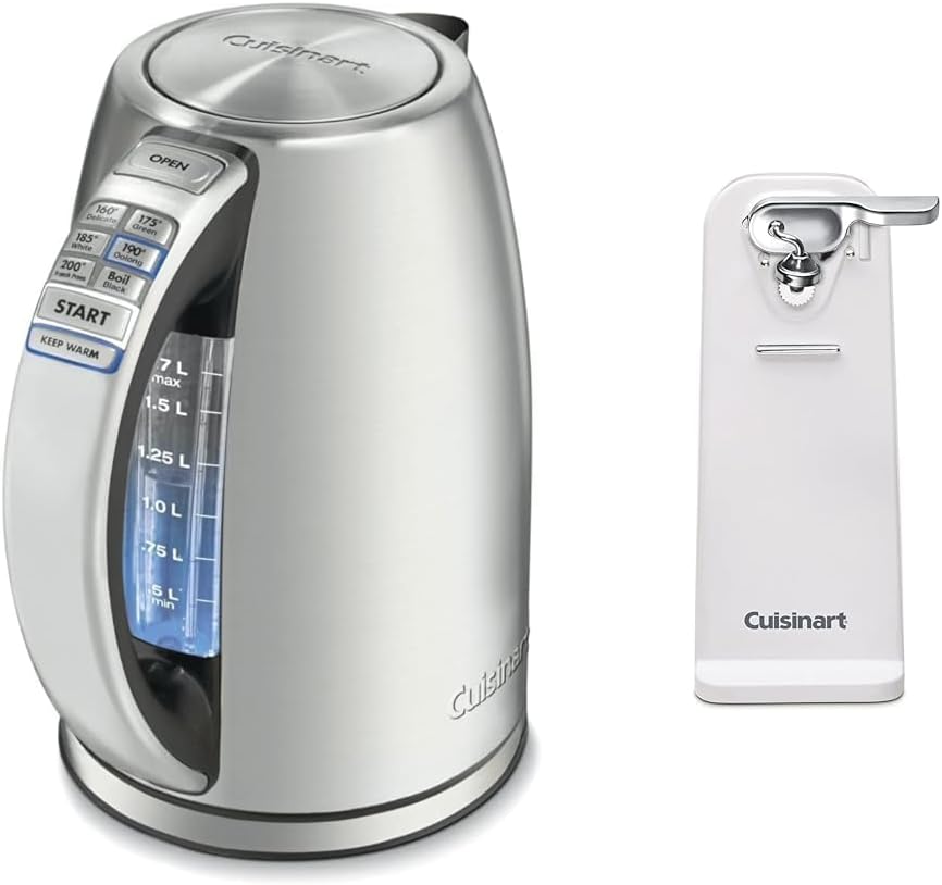 Cuisinart 1.7-Liter Stainless Steel Cordless Electric Kettle with 6 Preset Temperatures & CCO-50N Deluxe Electric Can Opener, White