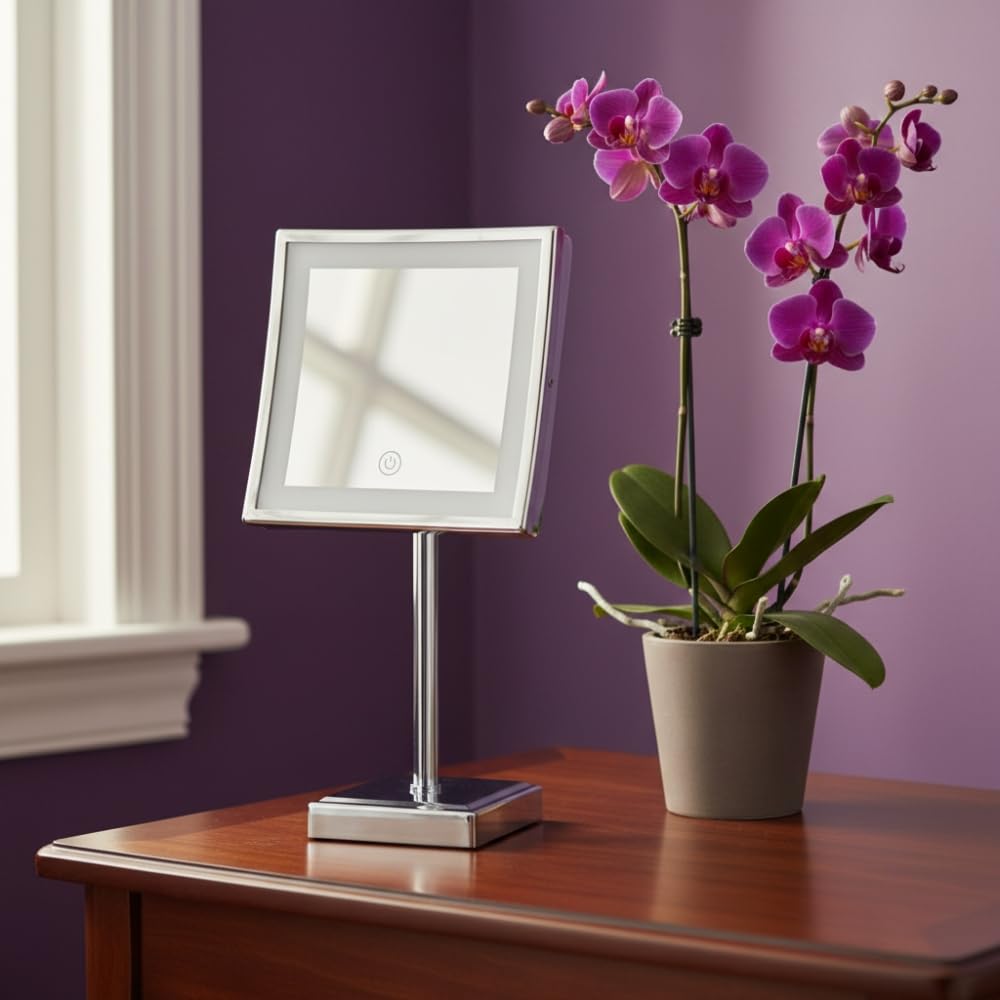 JERDON Lighted Tabletop Makeup Mirror with 5X Magnification - Chrome Finish 8' bx 8' Plug in Magnifying Mirror with Variable Lighting - Model JRT880CL