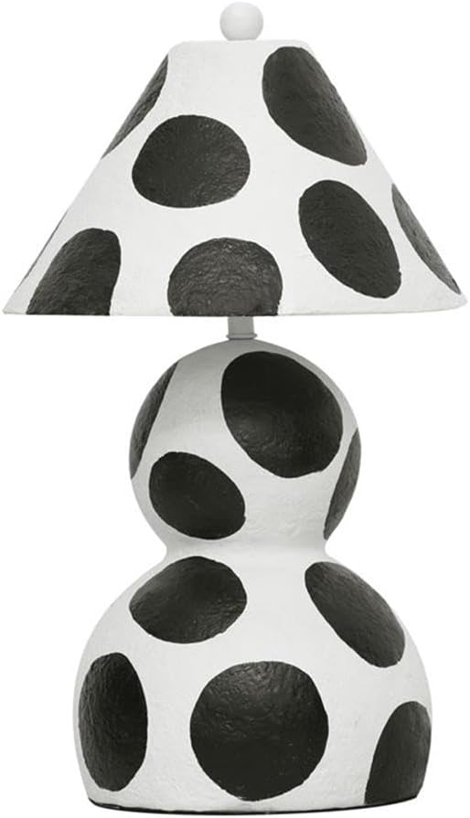 Pemberly Row Contemporary Papier Mache Table Lamp, Black and White Polka Dot Pattern, Handmade, Domed Lampshade and Orb Finial, Plug-in, 98 in Cord, UL Listed, Decorative Lighting for Tabletops