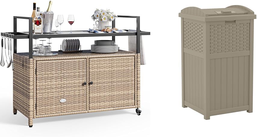 YITAHOME Large Outdoor Kitchen Cart & Bar Table Bundle with Suncast 33 Gallon Hideaway Trash Can for Patio
