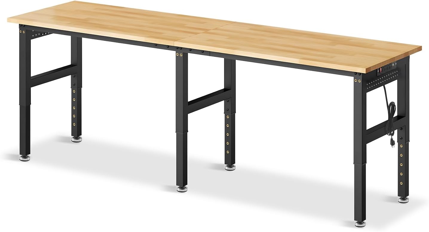 96'Adjustable Work Bench, 5000 LBS Capacity Heavy Duty Workbench with Power Outlet & Pegboard, Rubber Wood Work Table for Garage, Workshop, Office, Home