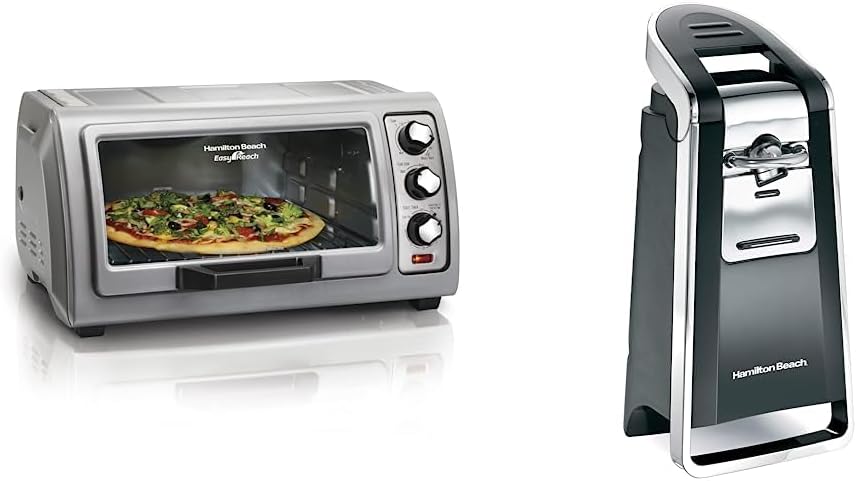 Hamilton Beach 6-Slice Countertop Toaster Oven with Easy Reach Roll-Top Door, Bake Pan, Silver (31127D) & (76606ZA) Smooth Touch Electric Automatic Can Opener with Easy Push Down Lever