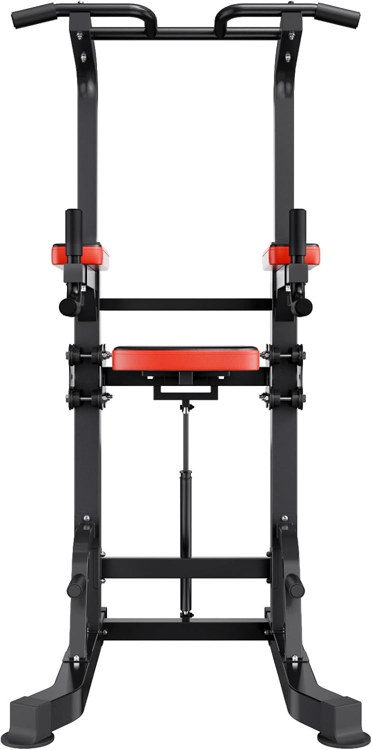 VEVOR Pull Up Bar, 330 LBS Power Tower Dip Station, Workout Dip Station with H-Shaped Stable Base & Assistance Platform, Adjustable 9 Level Height Pullup Stand for Back, 3-Level Adjustable Elbow Pads