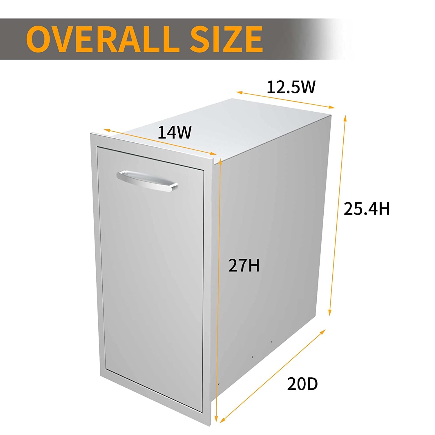Pull-Out Single Trash Drawer 14''Wx27''Hx20''D, Built-in Trash Drawer, Outdoor Kitchen Stainless Steel Trash Bin for BBQ Island Grill Station