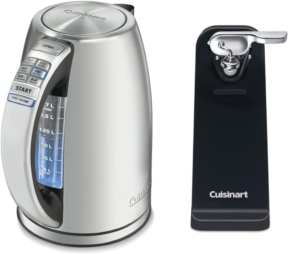 Cuisinart 1.7-Liter Stainless Steel Cordless Electric Kettle with 6 Preset Temperatures & CCO-50BKN Deluxe Electric Can Opener, Black