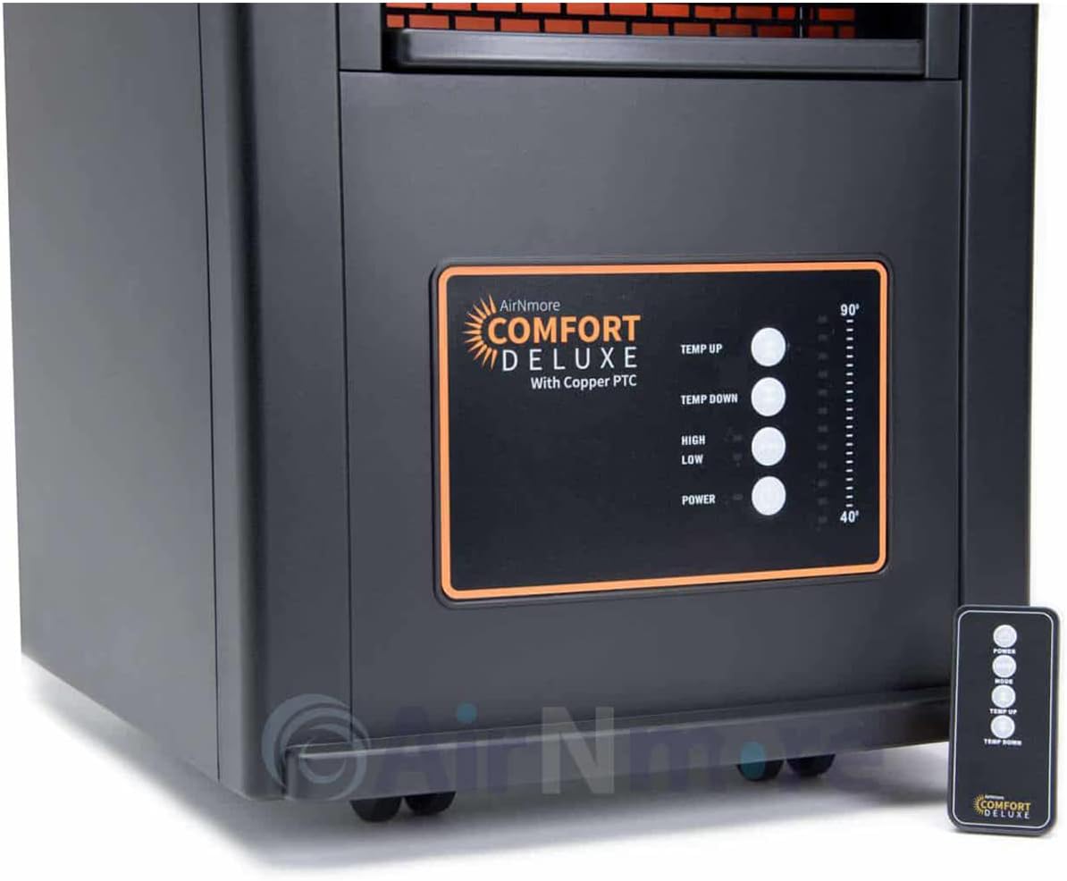 Comfort Deluxe by Airnmore, with Copper PTC, Infrared Space Heater with Remote,1500W,ETL Listed with High and Low Settings, Good for Small to Large Room's, 2-year warranty.