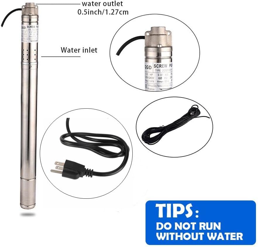 2In Stainless Steel Deep Well Pump 110V/60Hz Submersible Well Pump 0.5Hp 50mm Bore ＞53mm Well Rotary Screw Pump Max.H Lift 164ft 4.4GPM Electric Water Pump for Home Garden Agricultural Irrigation
