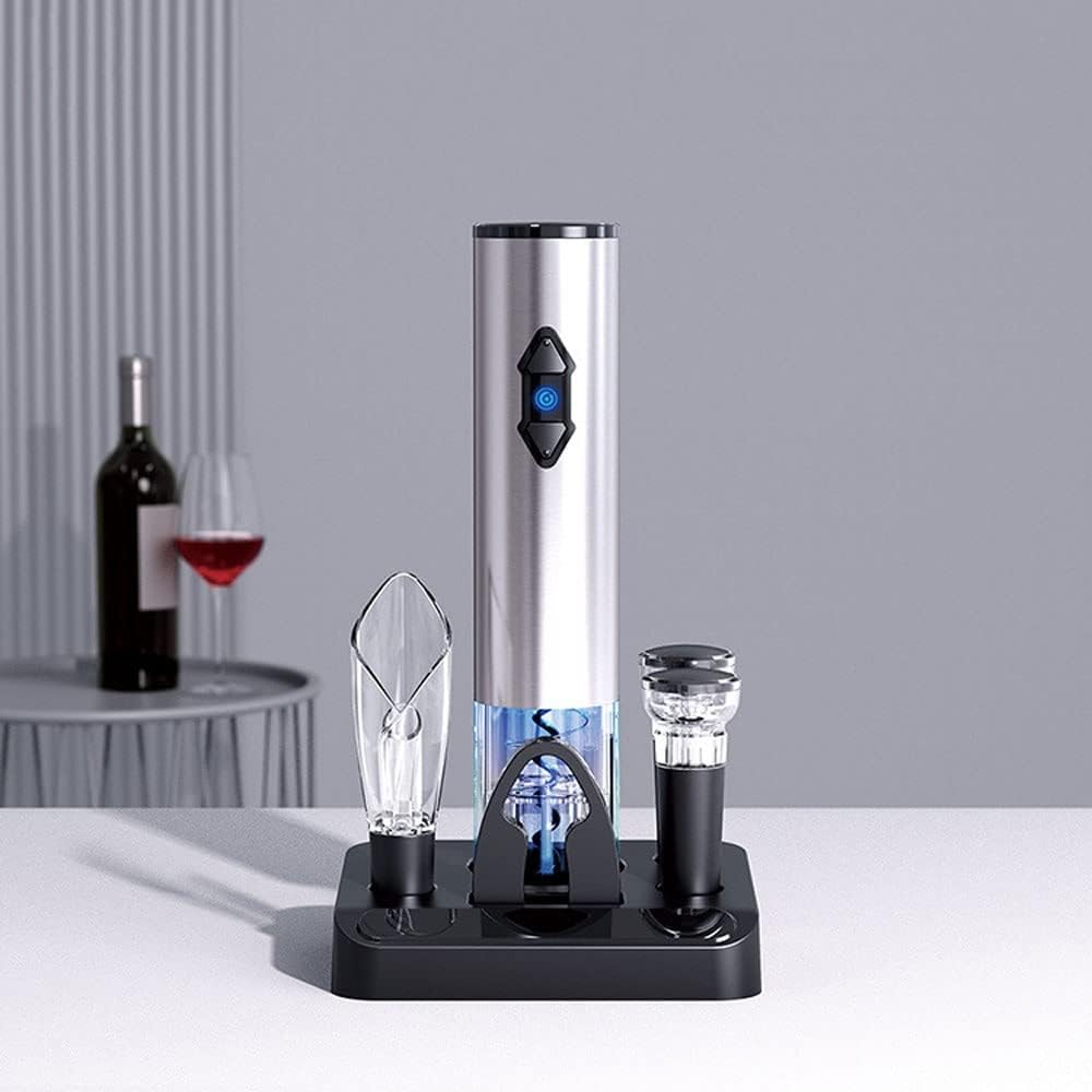 Electric Wine Bottle Opener Automatic Wine Opener Electric Corkscrew with Foil Cutter,Wine Pourer,Wine Stopper, Battery Powered, Fathers Day Dad Gifts from Dauther Son (Color : Silver)