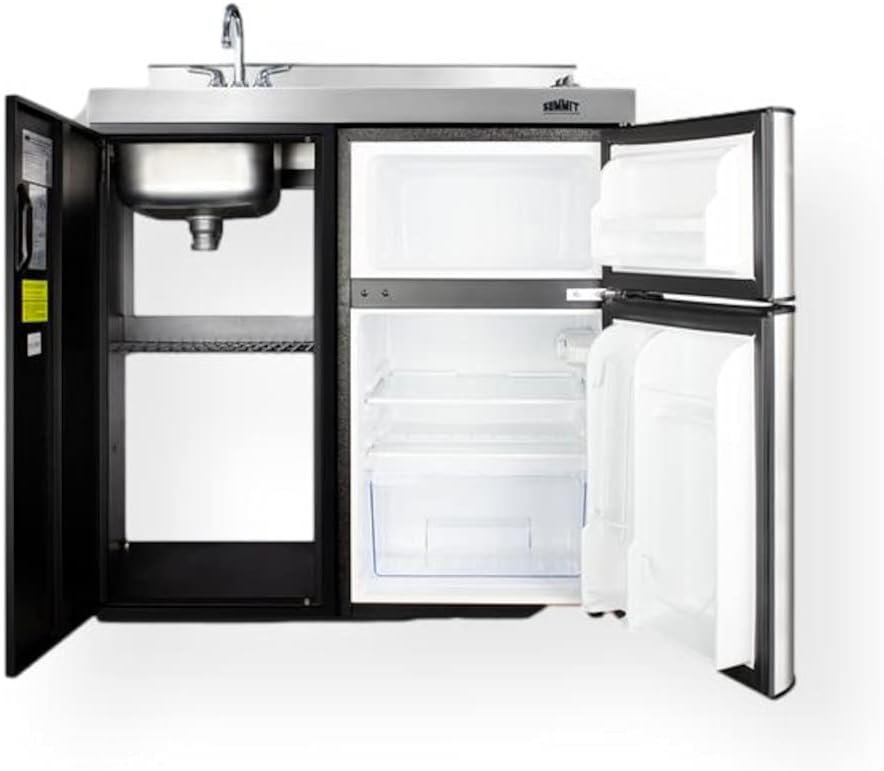 Summit Appliance CK36EL Wide All-in-One Kitchenette; 3.2 cu.ft; Cycle Defrost; Includes a 2-Door Refrigerator-Freezer; 2-Burner Coil Cooktop; Sink and Large Storage Cabinet