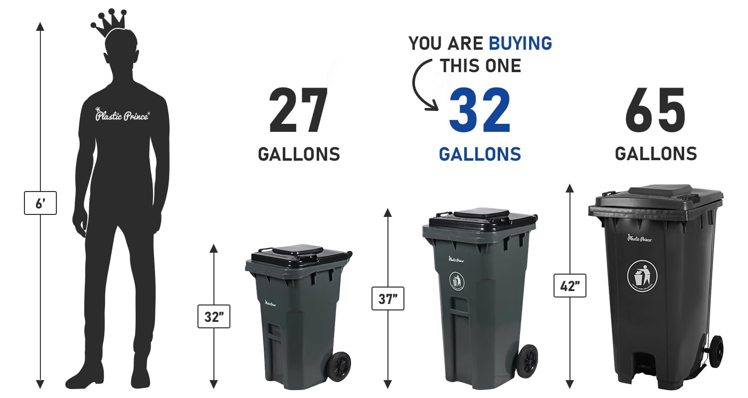 PLASTIC PRINCE 32 Gallon Trash Can with Wheels Outdoor Recycling Bin with Lid and Wheels Heavy Duty Rolling Garbage Can Commercial Wheeled Garbage Can for Home Garage Office, Set of Blue and Gray