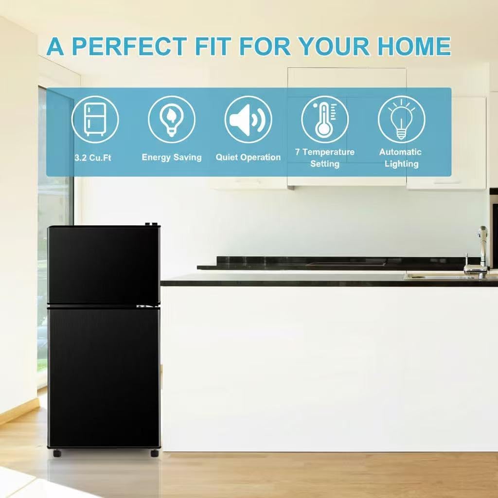 Fridge with Freezer, 3.2 Cu Ft Refrigerator, 2 Doors Refrigerator, Low noise, Energy-efficient, for Apartment, Dorm, Kitchens, Office and Bedroom