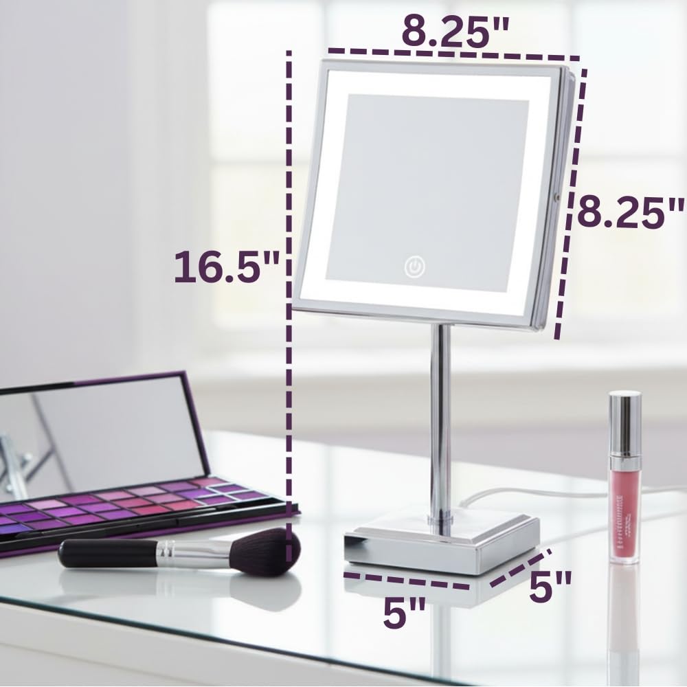 JERDON Lighted Tabletop Makeup Mirror with 5X Magnification - Chrome Finish 8' bx 8' Plug in Magnifying Mirror with Variable Lighting - Model JRT880CL