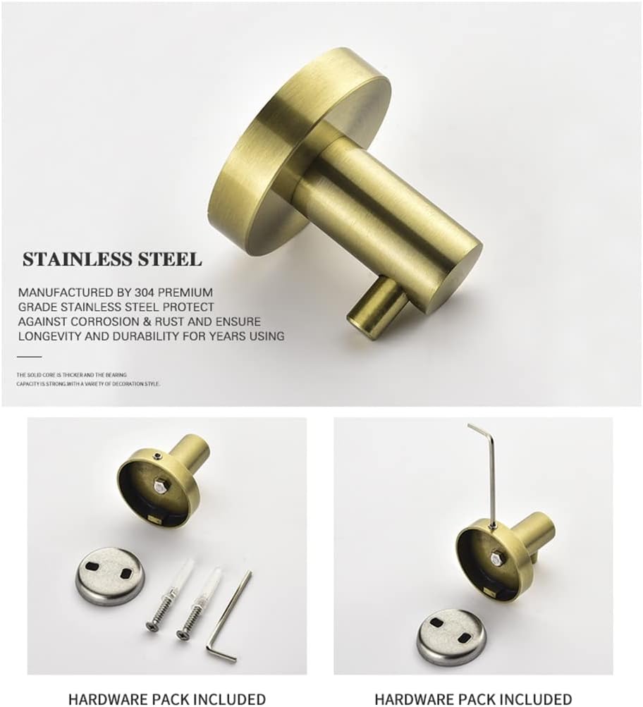 Towel Holder Brushed Gold Stainless Steel Bathroom Hardware, Hand Towel Ring, Toilet Paper Holder, 2 Robe Towel Hooks, Bathroom Accessories Kit Towel Hanger (Color : 4 Pieces Set) (Robe Hook)