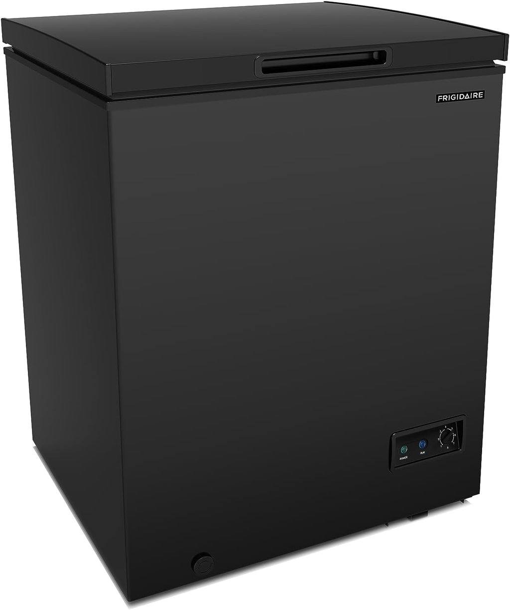 FRIGIDAIRE EFRF5003-BLACK Chest Deep Freezer-Garage-Ready, 5.0 Cu. Ft. Capacity, Black-Adjustable Thermostat-Removable Vinyl Coated Wire Basket-Easy Defrost Drain