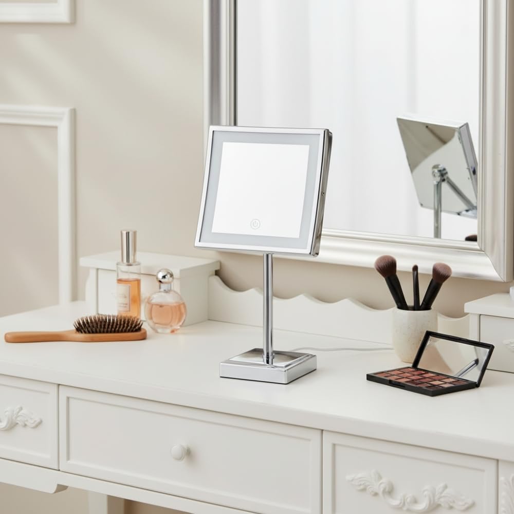 JERDON Lighted Tabletop Makeup Mirror with 5X Magnification - Chrome Finish 8' bx 8' Plug in Magnifying Mirror with Variable Lighting - Model JRT880CL