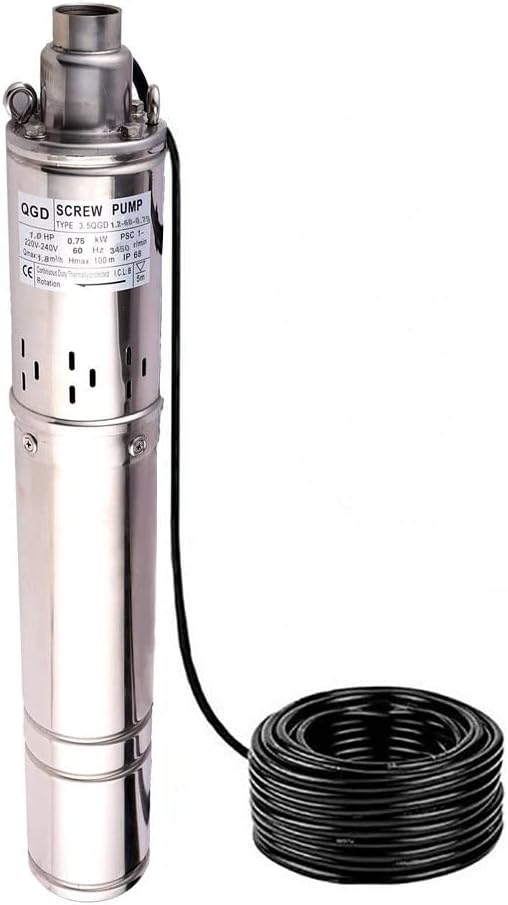 3.5 Inch Tube Stainless Steel Deep Well Pump 1HP Submersible Screw Well Pump 220-240V/60Hz Well Water Pump Max.Head 100m/328ft Flow 8GPM 90mm Well Pump for Home and Industrial Garden Agricultural