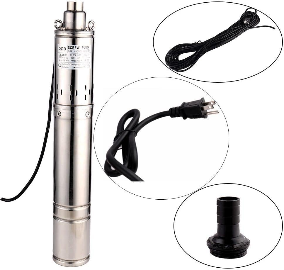 3.5 Inch Tube Stainless Steel Deep Well Pump 1HP Submersible Screw Well Pump 220-240V/60Hz Well Water Pump Max.Head 100m/328ft Flow 8GPM 90mm Well Pump for Home and Industrial Garden Agricultural