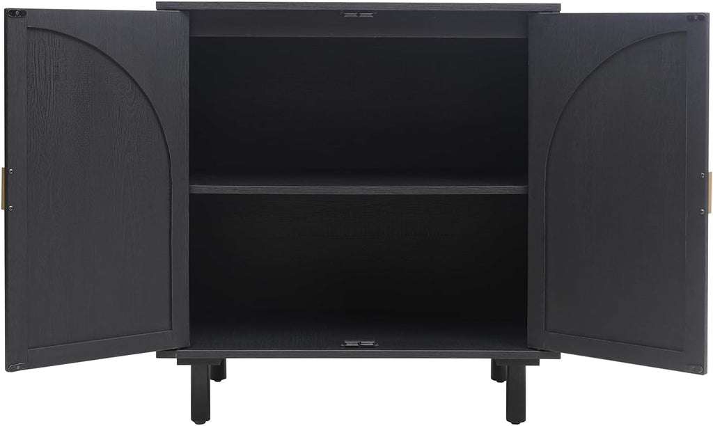 vistavie Rattan Buffet 2 Door Cabinet with Storage, Sideboard Storage Cabinet with Solid Pine Legs, Accent Wood Cabinet for Bathroom, Dining Room, Kitchen (Black)
