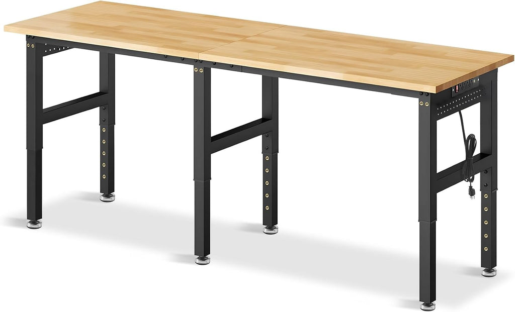 84' Adjustable Height Workbench, 5000 LBS Heavy Duty Table Rubber Wood Workstation with Power Outlet & Pegboard for Garage, Office, Workshop, Home,Commercial