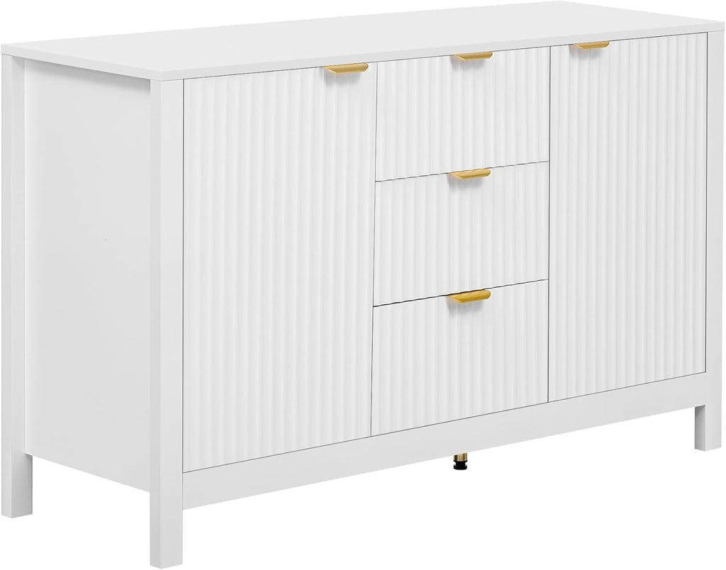 Virubi 47' Fluted Sideboard Buffet Cabinet with Storage Drawers,Doors,Adjustable Shelves and Gold Handles, Wood Modern Sideboard Accent Cabinet for Living Room,Hallway,Entryway (White)