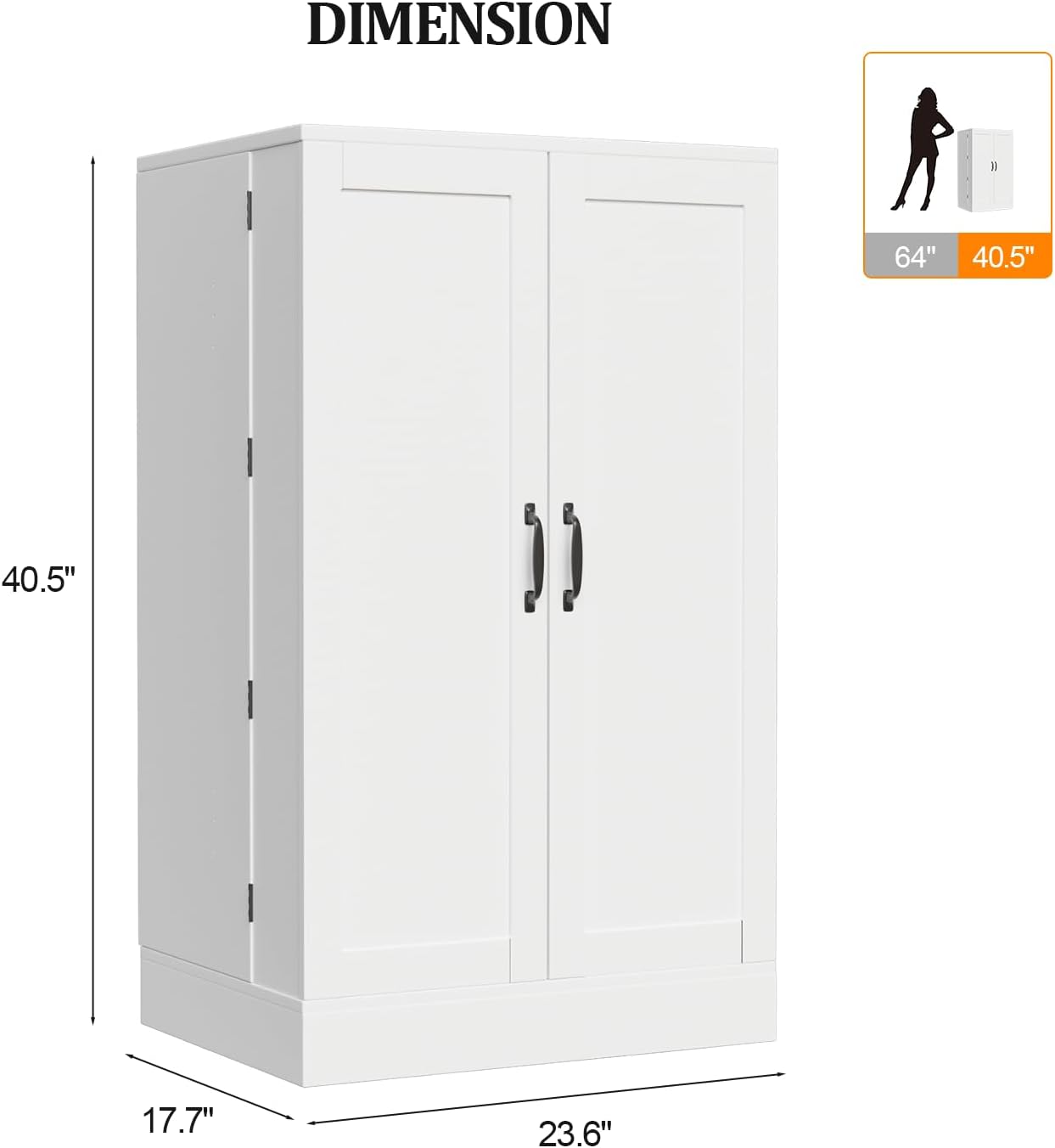 VINGLI Pantry Cabinet, White Kitchen Storage Cabinet with 2 Doors and Adjustable Shelves, 40.5' H Food Storage Freestanding Cupboard for Small Space in Dining Room, Living Room