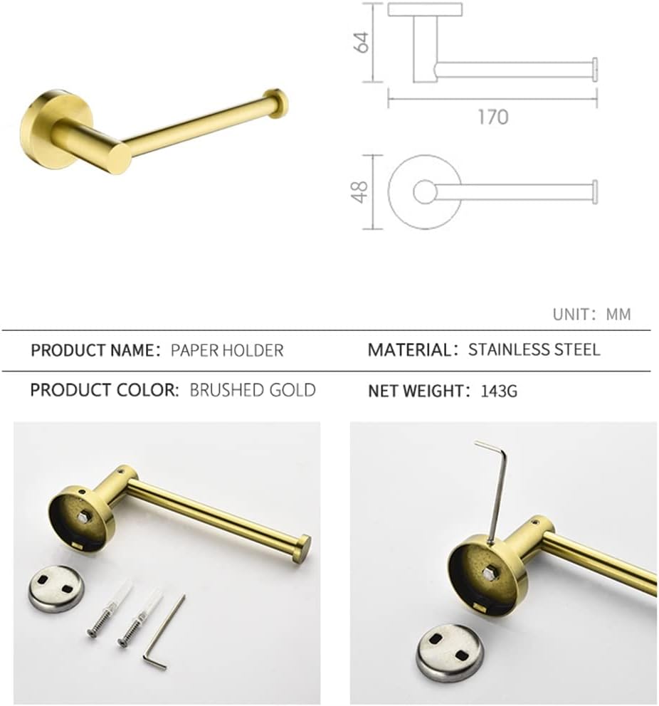 LSLYTQ Brushed Gold Stainless Steel Bathroom Hardware, Hand Towel Ring, Toilet Paper Holder, 2 Robe Towel Hooks, Bathroom Accessories Kit