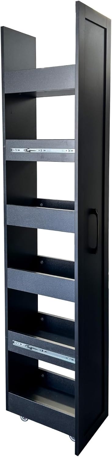 KEIKI Pull-Out Kitchen Pantry Storage Cabinet with Multi-Tier Shelf, Spice Rack Next to Fridge, Freestanding Wood Hutch Food Pantries Cupboard for Coffee Bar, Dining Room, Narrow Spaces
