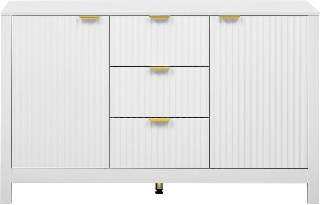 Virubi 47' Fluted Sideboard Buffet Cabinet with Storage Drawers,Doors,Adjustable Shelves and Gold Handles, Wood Modern Sideboard Accent Cabinet for Living Room,Hallway,Entryway (White)
