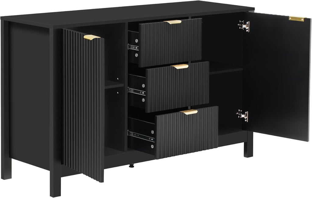 Virubi 47' Fluted Sideboard Buffet Cabinet with Storage Drawers,Doors,Adjustable Shelves and Gold Handles, Wood Modern Sideboard Accent Cabinet for Living Room,Hallway,Entryway (Black)