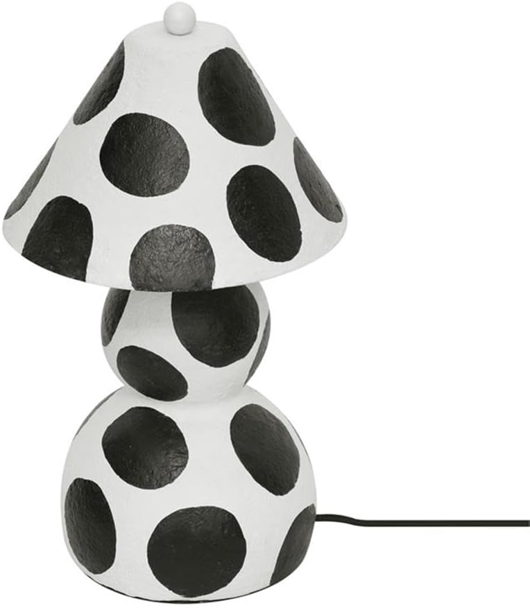 Pemberly Row Contemporary Papier Mache Table Lamp, Black and White Polka Dot Pattern, Handmade, Domed Lampshade and Orb Finial, Plug-in, 98 in Cord, UL Listed, Decorative Lighting for Tabletops