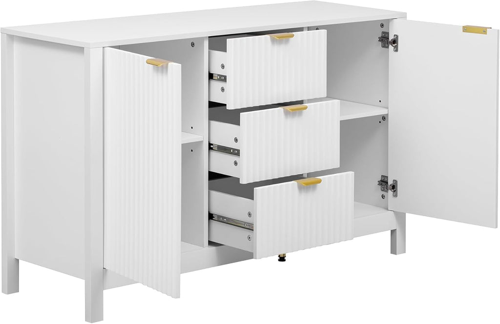 Virubi 47' Fluted Sideboard Buffet Cabinet with Storage Drawers,Doors,Adjustable Shelves and Gold Handles, Wood Modern Sideboard Accent Cabinet for Living Room,Hallway,Entryway (White)