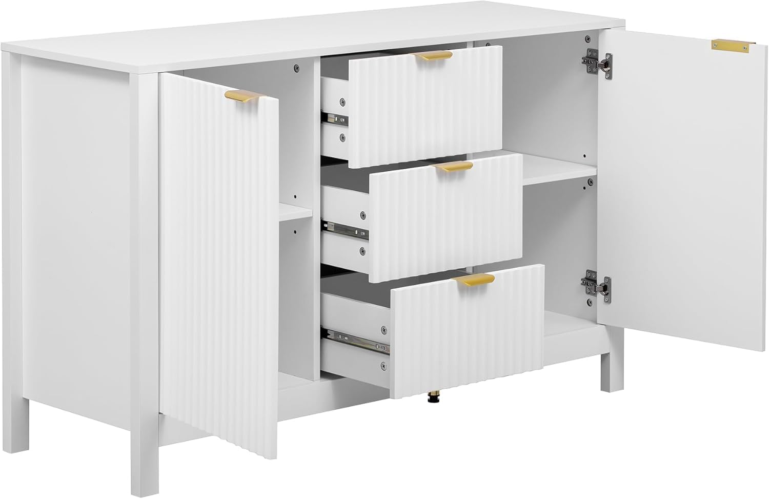Virubi 47' Fluted Sideboard Buffet Cabinet with Storage Drawers,Doors,Adjustable Shelves and Gold Handles, Wood Modern Sideboard Accent Cabinet for Living Room,Hallway,Entryway (White)