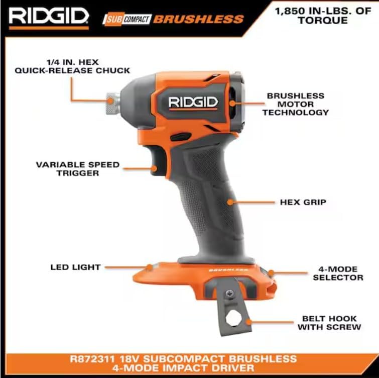 RIDGID 18V SubCompact Brushless 2-Tool Combo Kit with Drill/Driver, Impact Driver, (2) 2.0 Ah Batteries, Charger, and Tool Bag