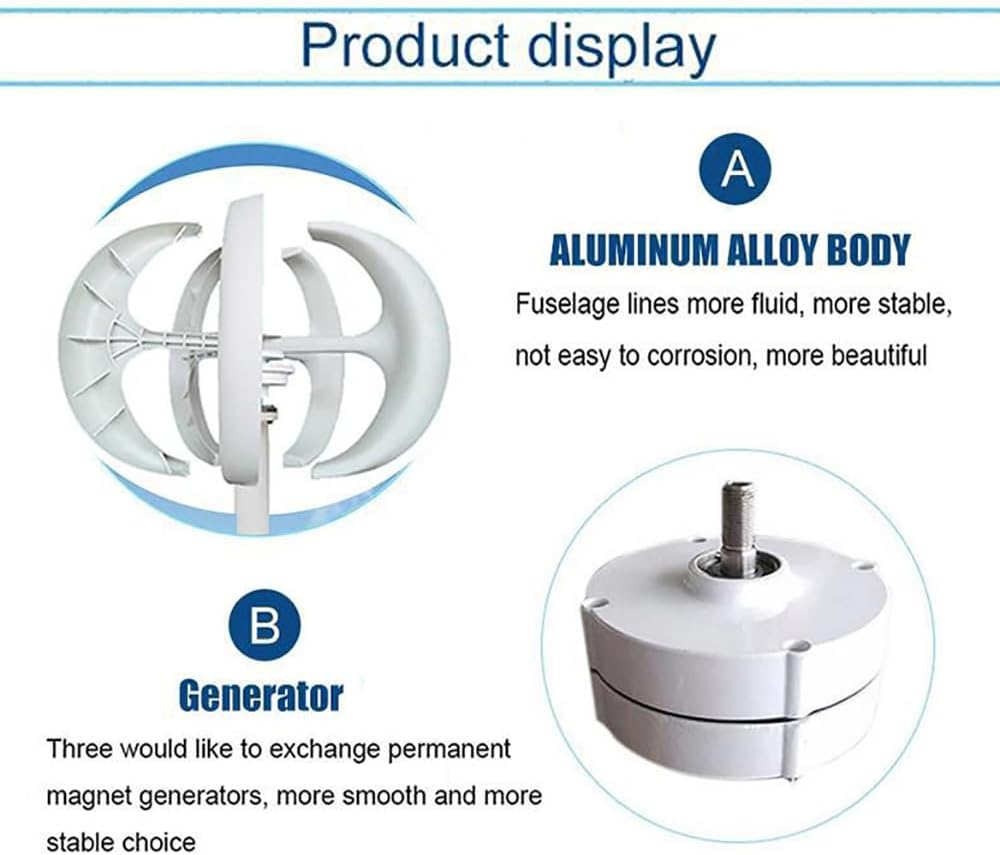 Wind Turbine Generator Kit, 1000W White Lantern Vertical Wind Generator, 5 Blades Wind Turbine Generator with Controller, Breeze Starts, for Home, Street Lights, Monitor