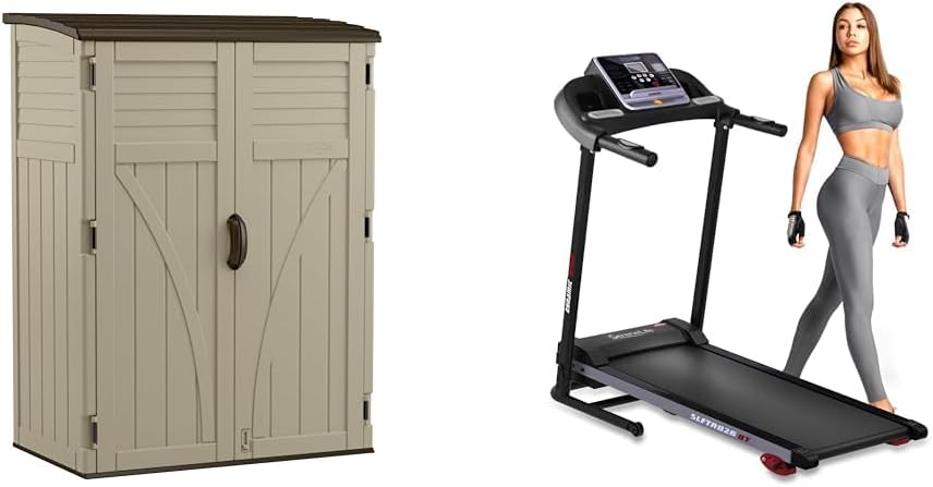 Suncast 54 Cubic Feet Vertical Storage Shed with Durable Plastic Construction & SereneLife Folding Treadmill - Foldable Home Fitness Equipment with LCD for Walking & Running
