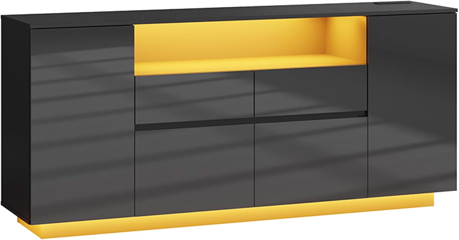 70 Inch Sideboard Buffet Cabinet with Storage, Kitchen Buffet Storage Cabinet with Power Outlets & LED Light, Coffee Bar Console Wine Bar with 2 Drawers & Door Shelves for Living Room, Kitchen, Black