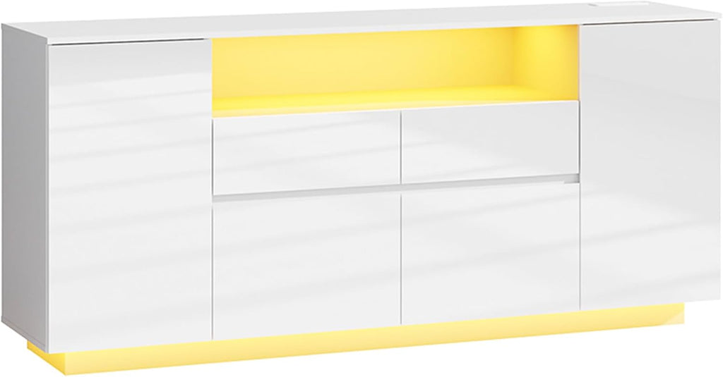70 Inch Sideboard Buffet Cabinet with Storage, Kitchen Buffet Storage Cabinet with Power Outlets & LED Light, Coffee Bar Console Wine Bar with 2 Drawers & Door Shelves for Living Room, Kitchen, White