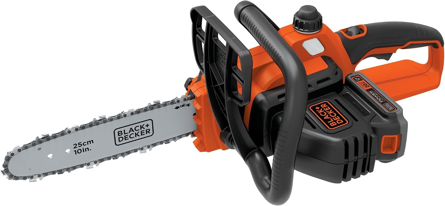 BLACK+DECKER 20V MAX Electric Chainsaw, 10 inch Cordless Chainsaw with Battery and Charger Included, Automatic Oiler, Low Kickback Power Chain Saws (LCS1020)