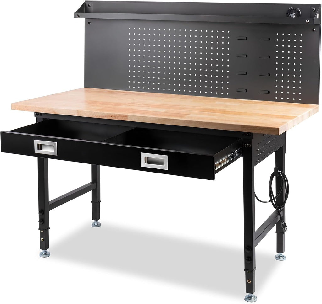 60' Workbench with Drawers, Work Benches for Garage with Strip Light, Adjustable Work Table with Large Pegboard, 2000 LBS Heavy Duty Table with Power Outlet Rubber Wood for Garage, Office