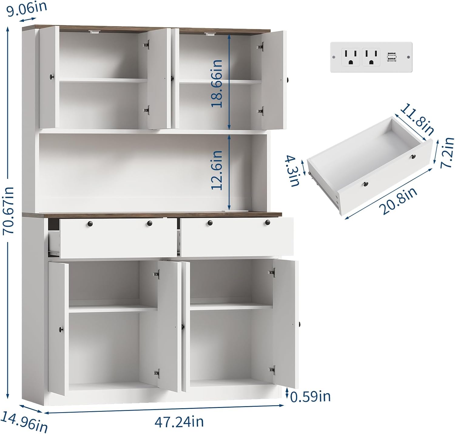 Garvee 71' Tall Kitchen Pantry Storage Cabinet with Charging Station, Food Hutch with Drawers, Doors, Shelves, and Countertop for Dining Room