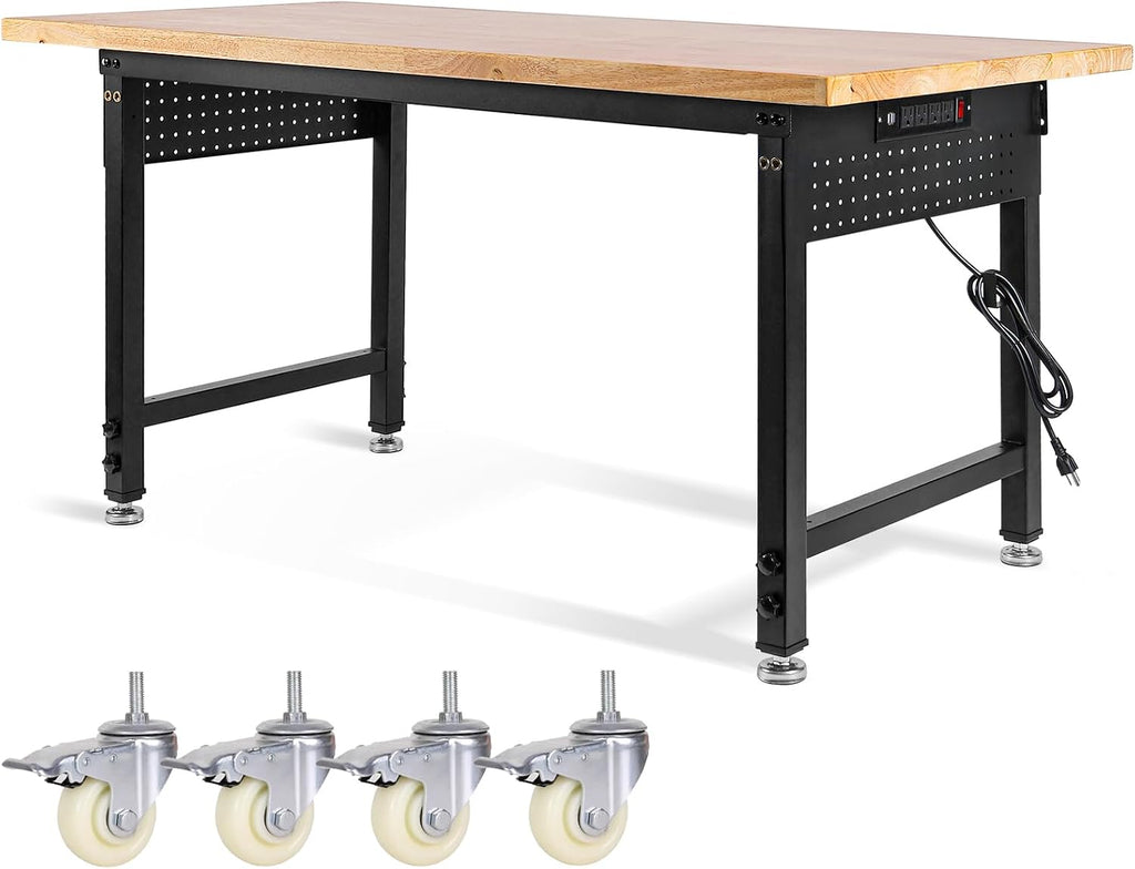 Height Adjustable Workbench with Wheels 60'×22' Heavy Duty Work Table 2000 LBS Capacity Rolling Work Table Rubber Wood Work Station with Power Outlet & Pegboard for Garage, Office, Workshop