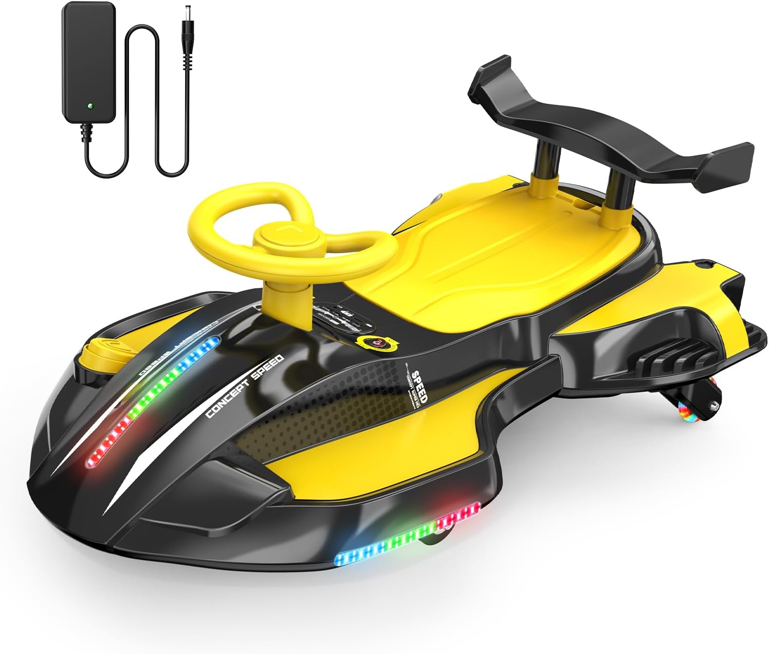 12V Electric Wiggle Car Ultra with Pedals, Rechargeable Swing & Drift Car, Anti-Rollover Design with Backrest, Spray, Flashing Lights, Music & Bluetooth, for Ages 3 and Up, 150 lbs(Yellow + Black)
