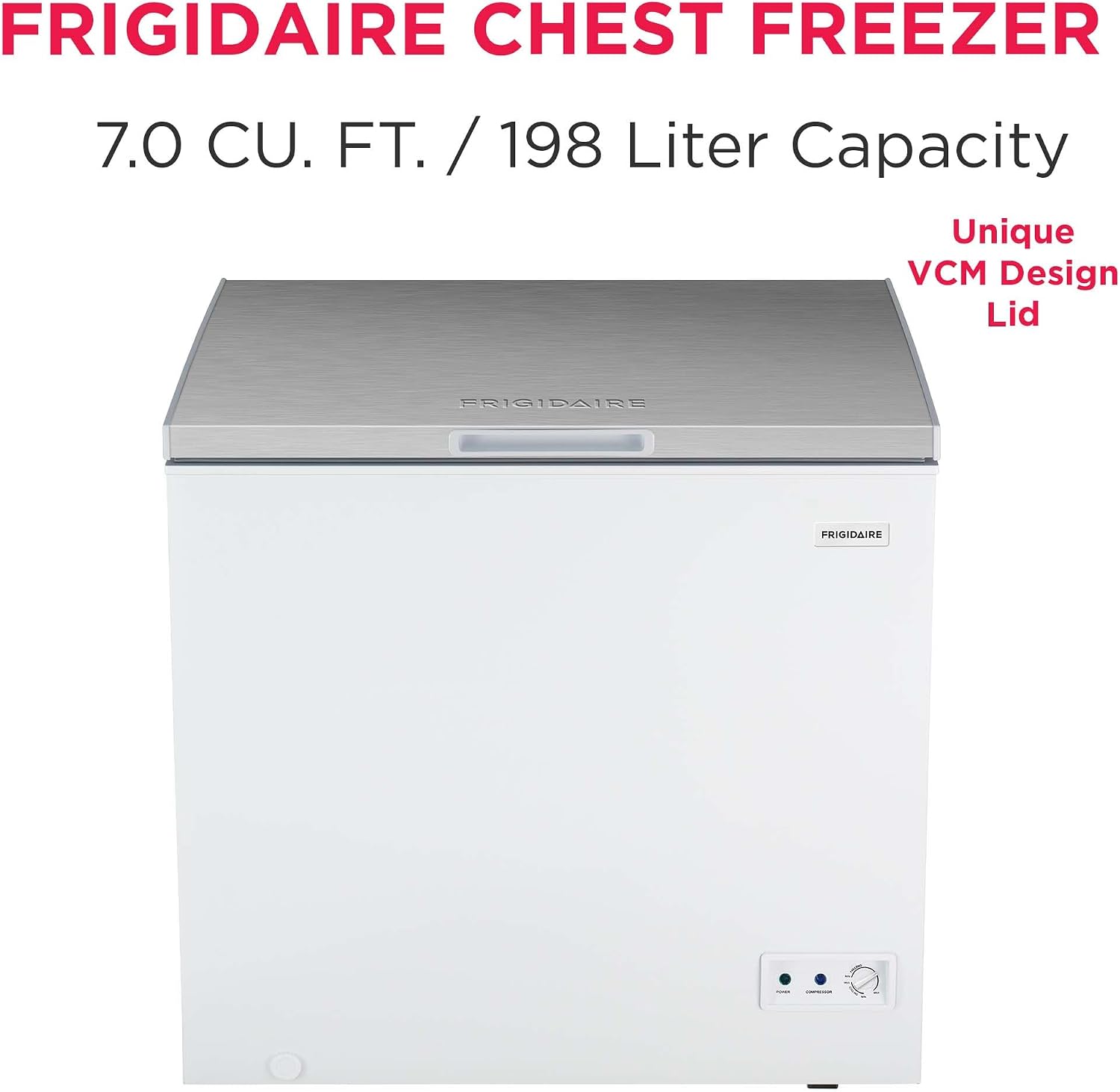 Frigidaire Chest Deep Freezer, 7 Cu. Ft. Capacity, Shiny Stainless Steel Top Lid Design-Adjustable Thermostat-Removable Vinyl Coated Wire Basket-Easy Defrost Drain- Garage Ready