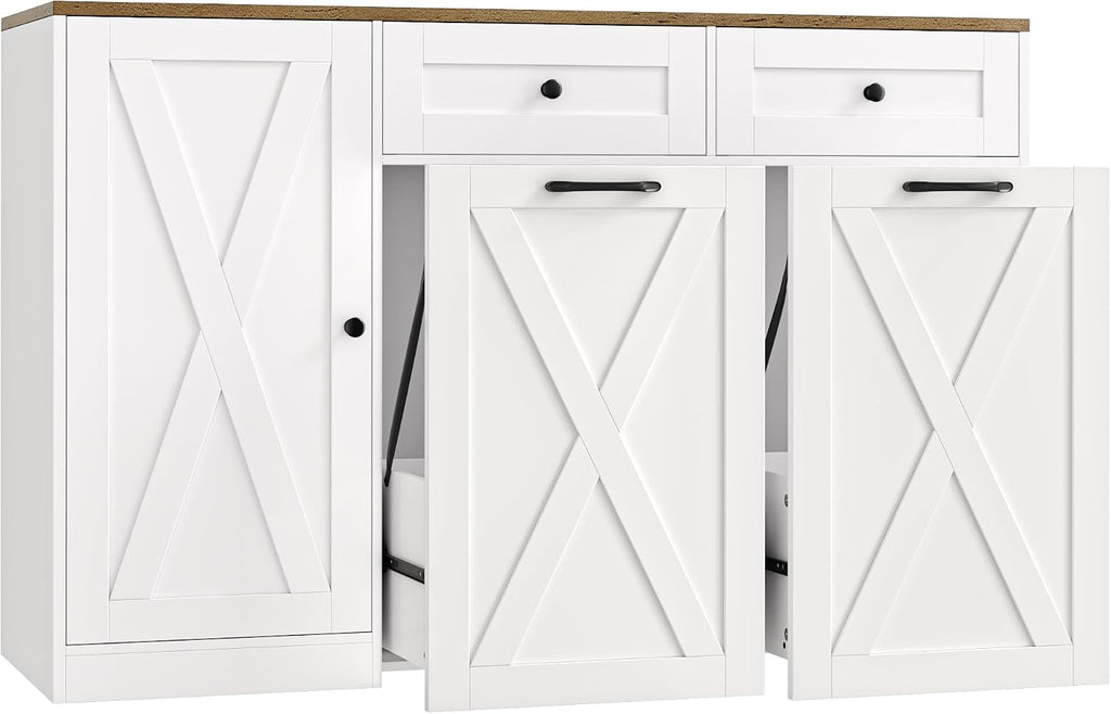 HOSTACK 12.5 Gallon Kitchen Trash Cabinet, 47' Double Trash Can Cabinet, Large Pull Out Can Storage Drawers, Wood Farmhouse Hidden Garbage Storage Buffet for Kitchen, Dining Room, White