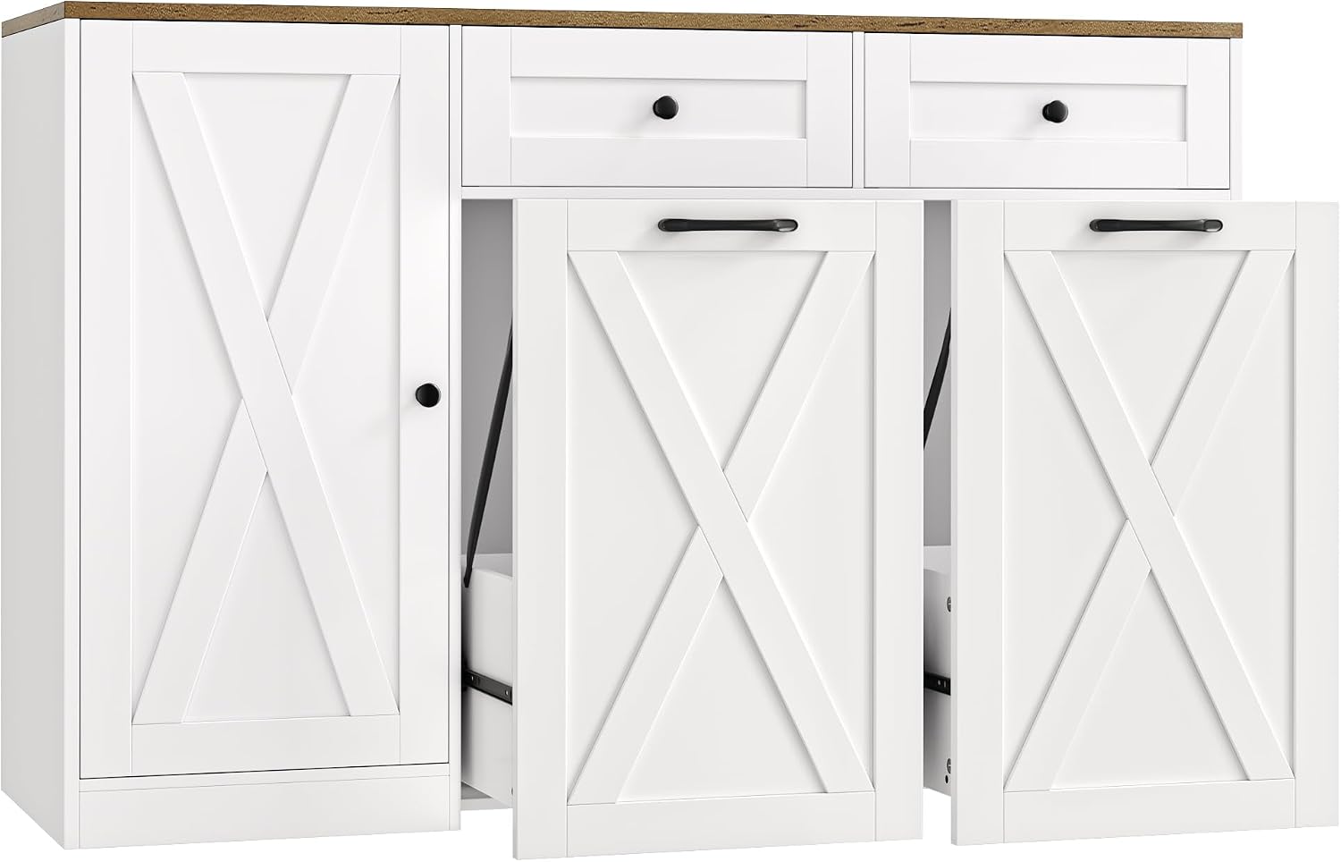 HOSTACK 12.5 Gallon Kitchen Trash Cabinet, 47' Double Trash Can Cabinet, Large Pull Out Can Storage Drawers, Wood Farmhouse Hidden Garbage Storage Buffet for Kitchen, Dining Room, White