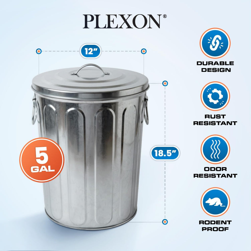 Plexon 5 Gallon Small Metal Trash Can with Lid Outdoor Galvanized Bucket with Lid 5 Gal Fireplace Ash Bucket for Wood Stove Storage Can for Dog Food Bird Seed Storage Container 6 Pack