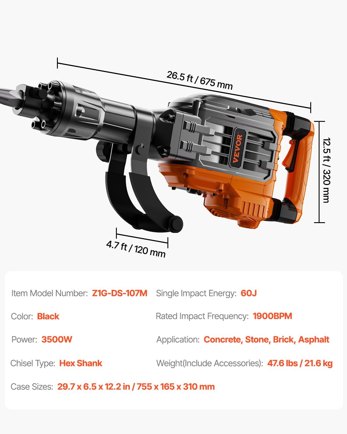 VEVOR 3500W Electric Demolition Hammer, 1900 BPM Durable Jack Hammer, Concrete Breaker with 2 Chisels, Gloves, and a 360° Rotatable Handle for Efficient Trenching, Black
