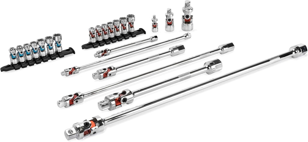 Titan 85499 23-Piece Auto-Flex Universal Joint, Socket, and Extension Set, Engineered to Spring Back to Center